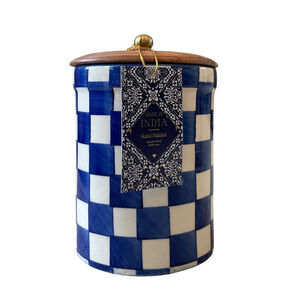 Hand Painted Checkered Ceramic Canister w/ Wood Lid Made in India Blue White NEW